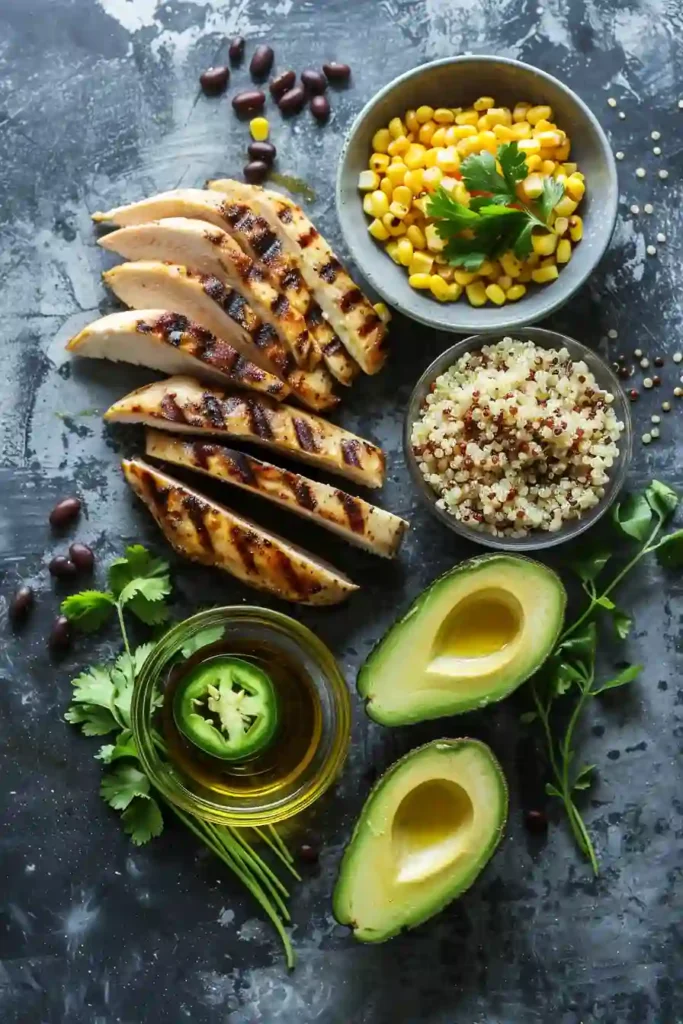 Balanced chicken avocado rice bowl showcasing high-protein ingredients and colorful textures.