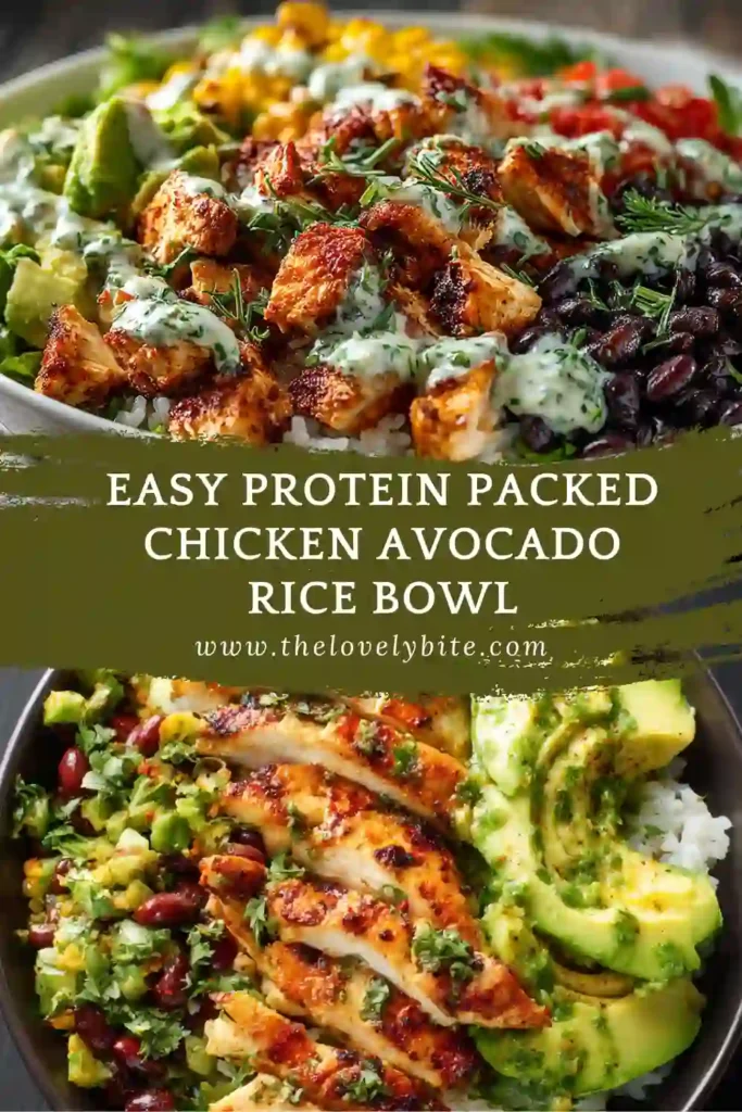 Healthy chicken avocado rice bowl topped with black bean corn salad and mashed avocado, perfect for meal prep.