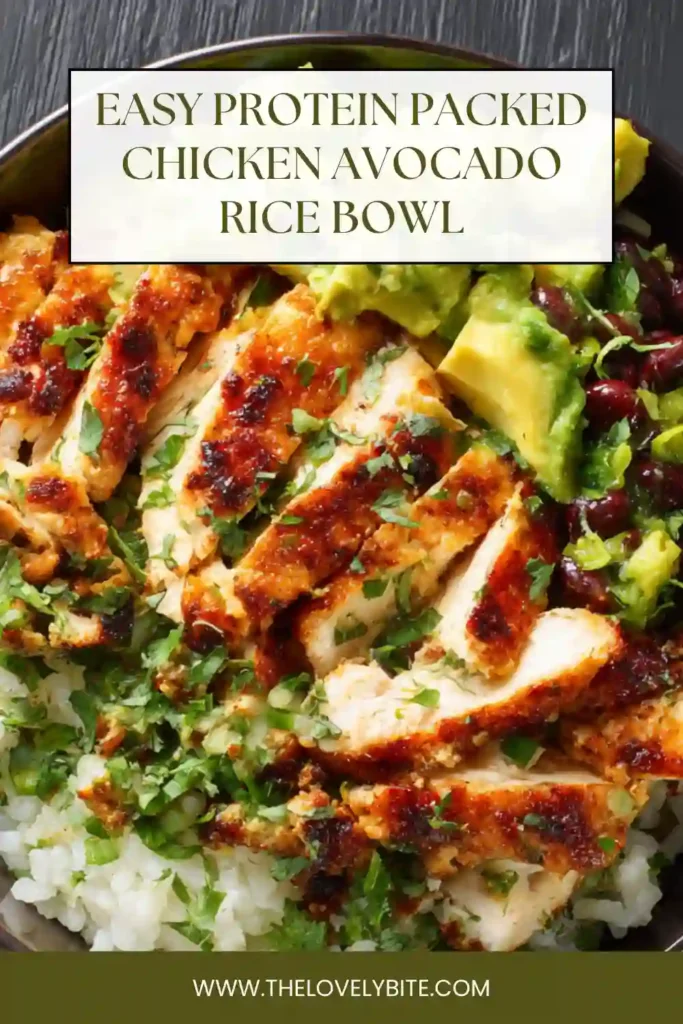Close-up of a protein-packed chicken rice bowl with lentil quinoa mix and fresh avocado topping.