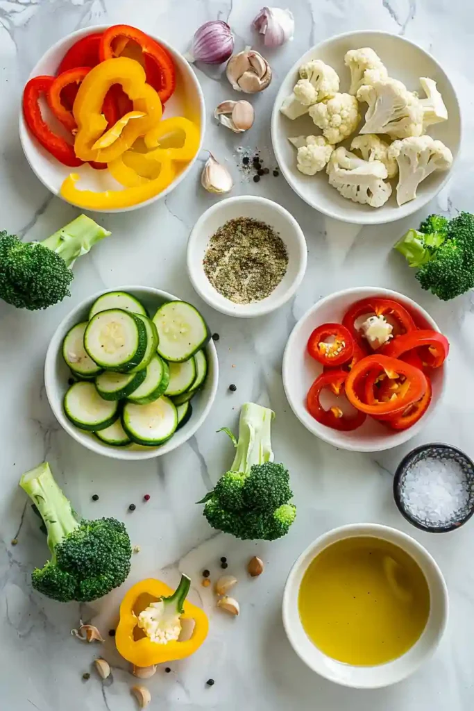 Healthy air fryer vegetables arranged beautifully showing broccoli, cauliflower, and mushrooms with a light golden finish.