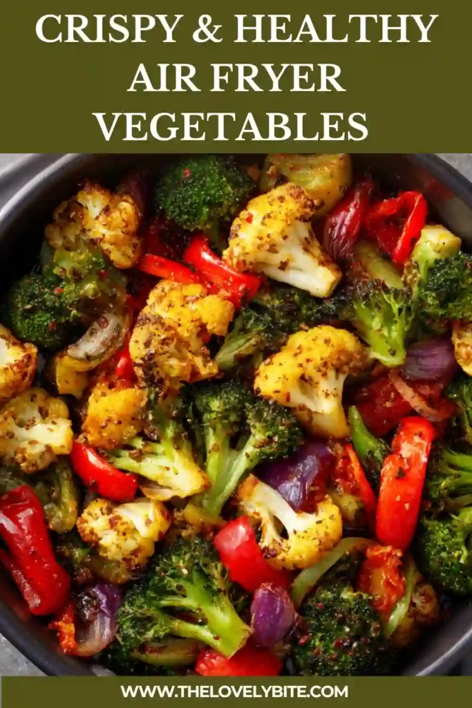 A bowl of colorful air fryer vegetables including broccoli, zucchini, and bell peppers cooked until crispy and golden. This healthy air fryer side dish looks vibrant and fresh.