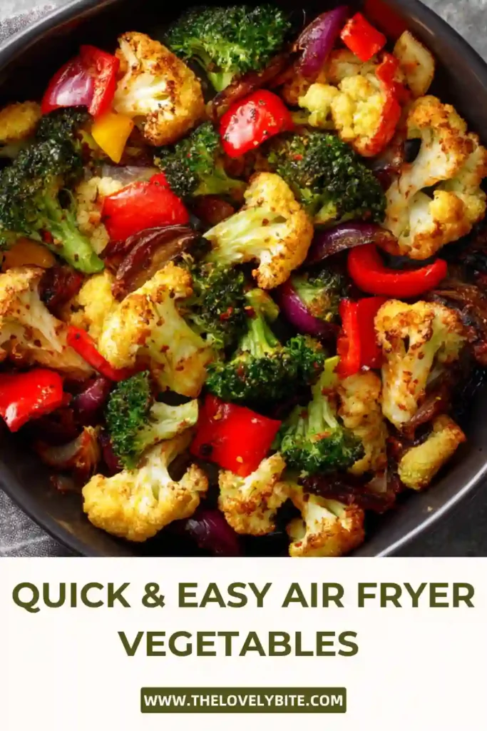 Freshly cooked air fryer vegetables with crispy edges served in a bowl. A quick and easy vegetable recipe perfect for weeknight dinners.