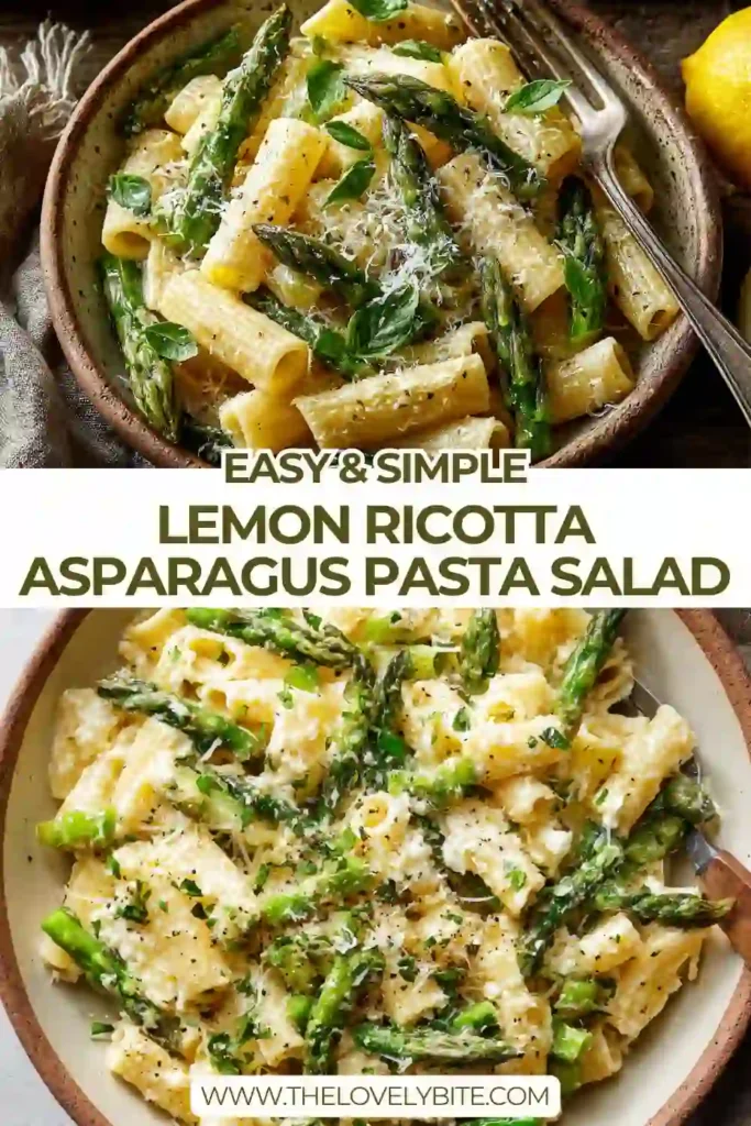 A bowl of Lemon Ricotta Asparagus Pasta Salad made with rigatoni, creamy ricotta, fresh basil, and tender asparagus. Bright lemon zest and Parmesan add fresh spring flavor to this vegetarian pasta salad.