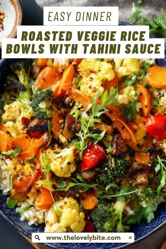 Colorful roasted veggie rice bowls with tahini sauce and fresh greens in a balanced plant-based meal.