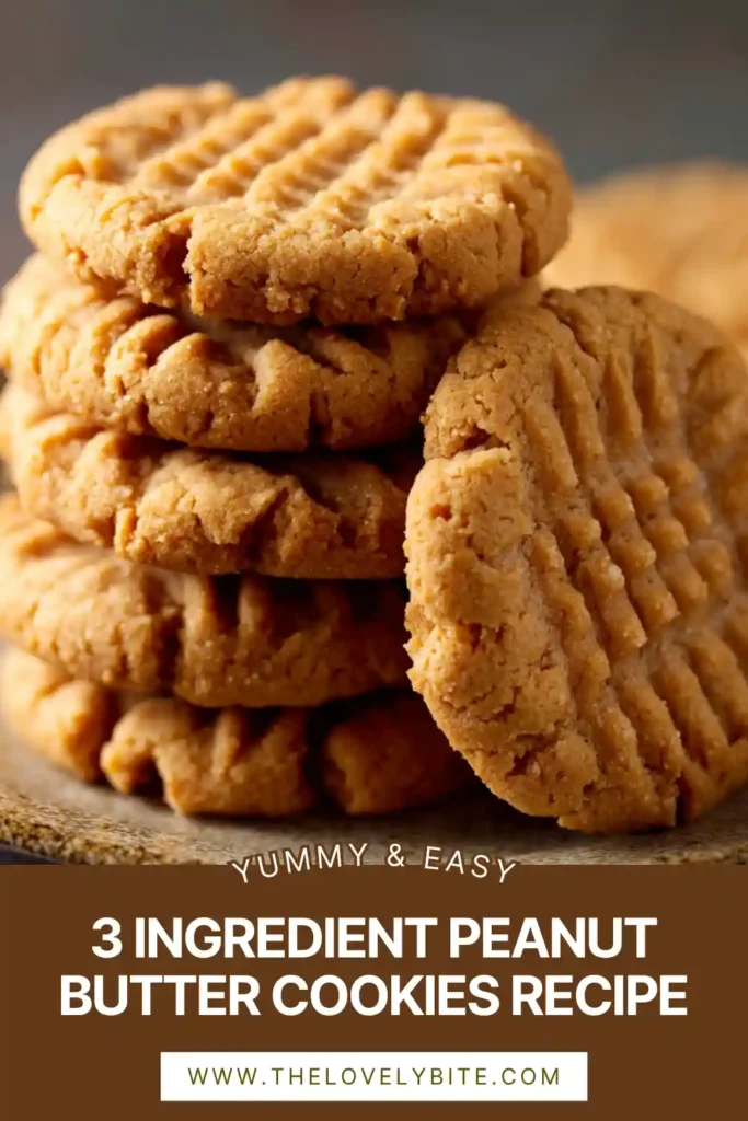 Freshly baked 3 ingredient peanut butter cookies cooling on a parchment-lined baking sheet. The cookies have classic fork marks and a soft golden texture.