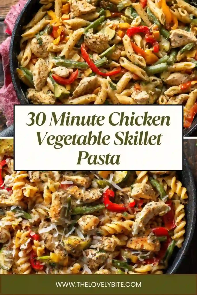 Close-up of chicken vegetable skillet pasta with vibrant peppers and herbs, showing a fresh and light sauce coating the pasta.