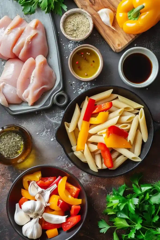 A skillet filled with 30 Minute Chicken Vegetable Skillet Pasta featuring colorful bell peppers and tender chicken pieces tossed with penne pasta.
