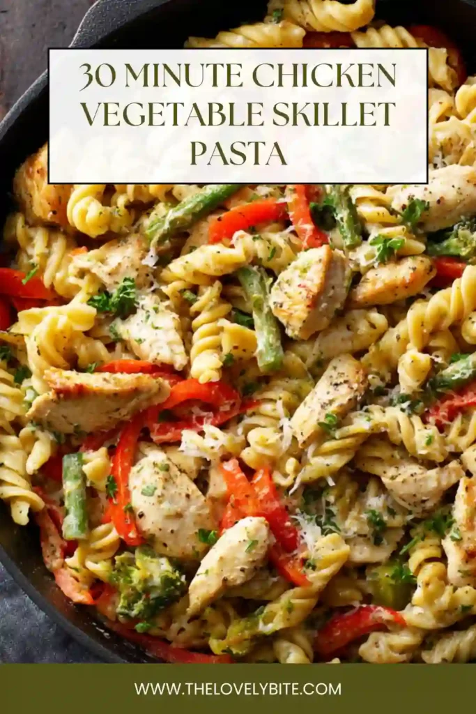 Overhead view of a hearty chicken vegetable pasta skillet meal ready to serve with parsley garnish.