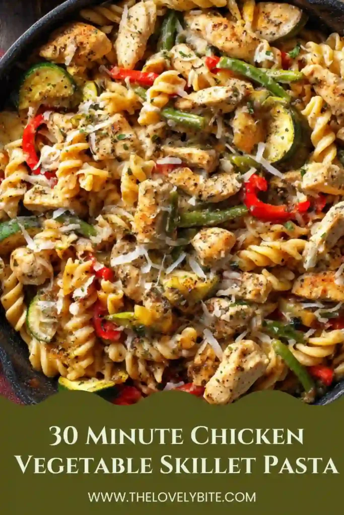 Freshly cooked 30 Minute Chicken Vegetable Skillet Pasta in a pan with juicy chicken and sautéed vegetables.