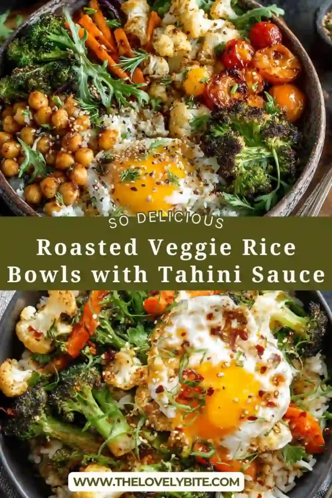 Healthy roasted vegetable rice bowl topped with creamy tahini sauce and sesame seeds, perfect for meal prep.