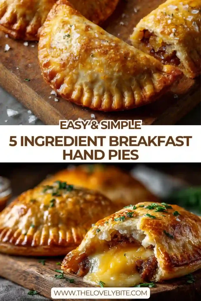 Golden brown 5 Ingredient Breakfast Hand Pies filled with fluffy scrambled eggs, beef sausage, and melted cheese on a parchment-lined baking tray. The flaky puff pastry looks crisp and buttery fresh from the oven.