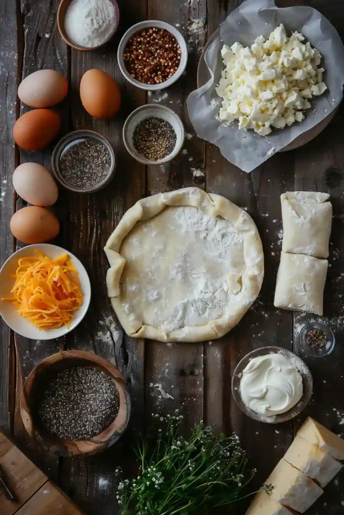 Savory puff pastry breakfast hand pies filled with scrambled eggs, beef sausage, and cheddar cheese arranged on a serving plate. The flaky layers and melted filling create a hearty breakfast option.