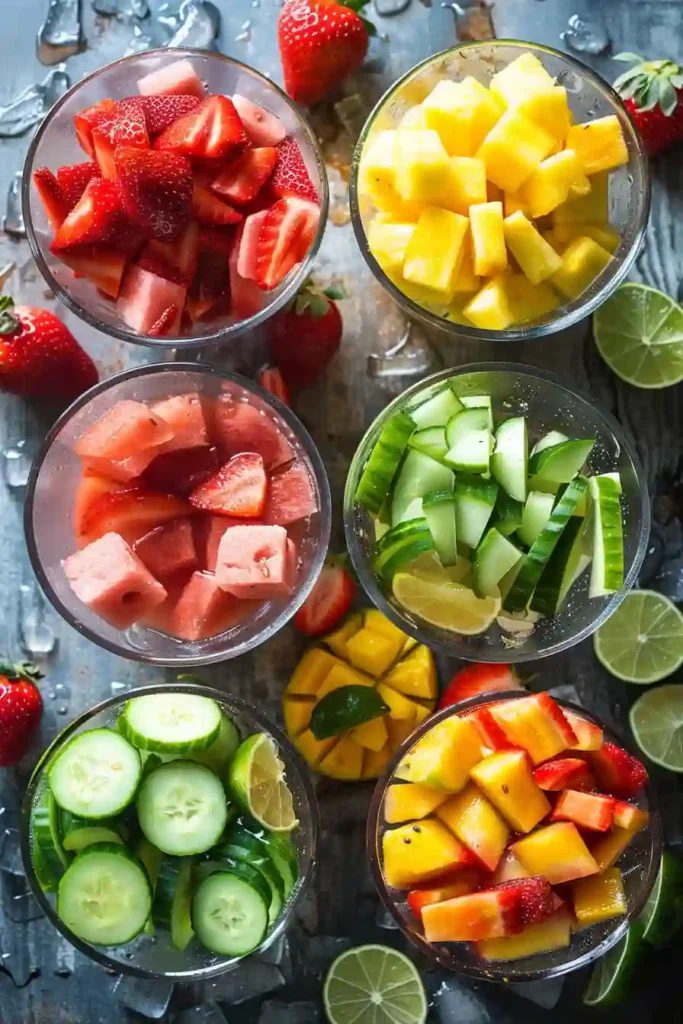 A collection of colorful homemade agua frescas served over ice in clear glasses. Fresh strawberry, watermelon, cucumber, pineapple, and mango drinks create a refreshing summer beverage spread.
