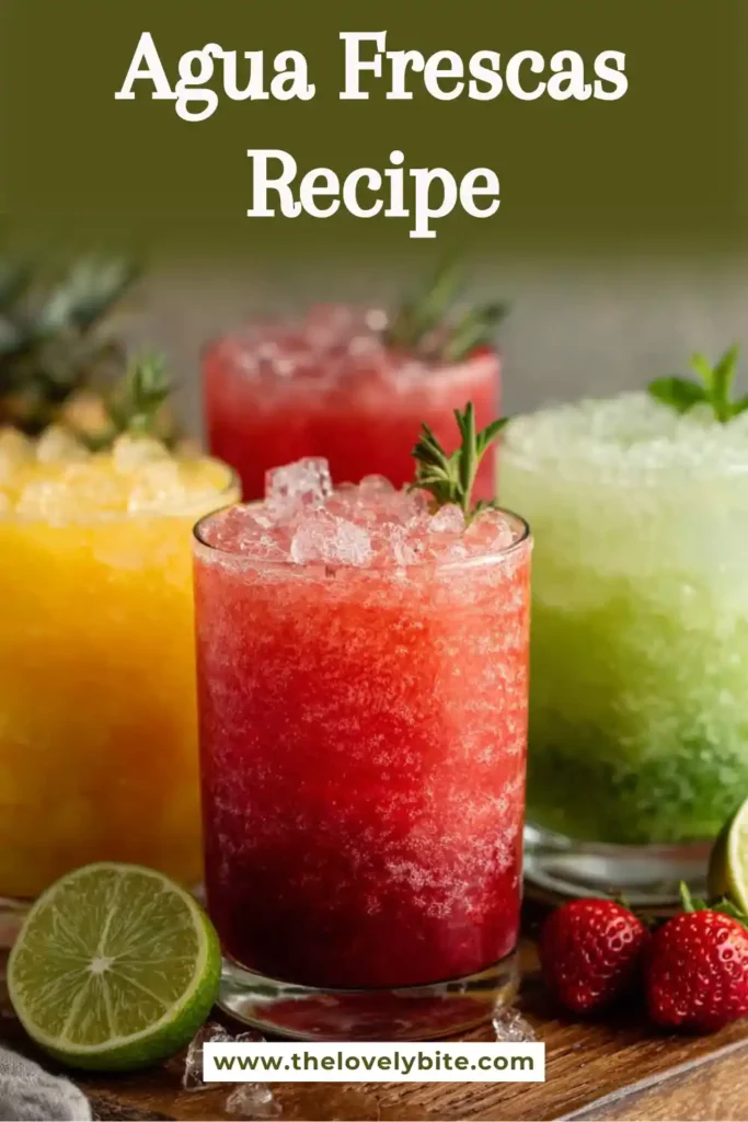 Five varieties of homemade agua fresca displayed with fresh fruit garnishes and ice. Strawberry, mango, watermelon, cucumber, and pineapple flavors make the perfect summer refreshment.