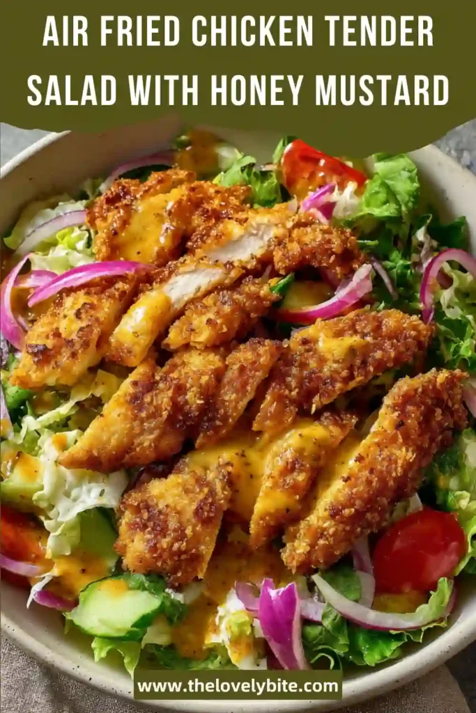 Close-up of air fried chicken tender salad with honey mustard, showcasing golden chicken pieces and fresh greens with creamy dressing. Perfect for a light lunch.