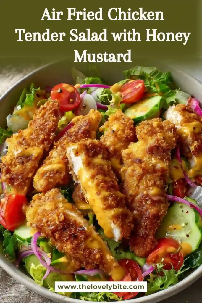 Healthy air fried chicken tender salad with honey mustard dressing arranged in a bowl with avocado, cucumber, and tomatoes. Bright and fresh presentation.