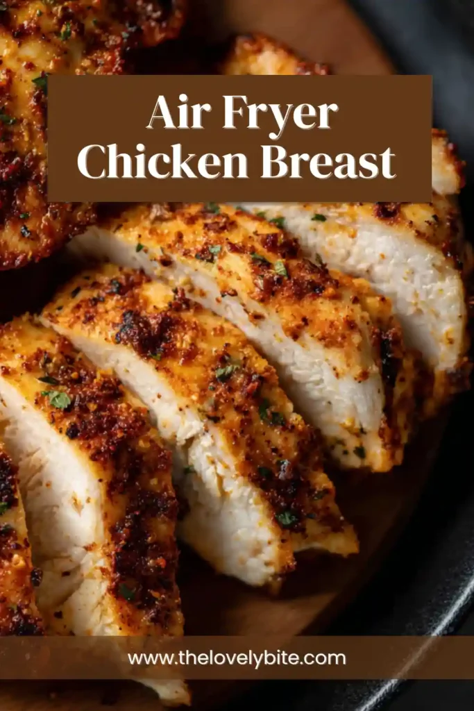 Close-up of juicy Air Fryer Chicken Breast with seasoning crust, showing tender texture inside. Ideal for quick dinners.