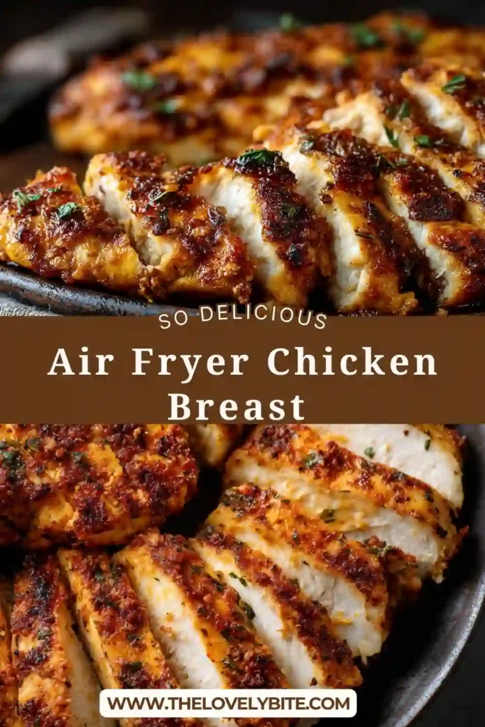 Freshly cooked Air Fryer Chicken Breast arranged neatly, highlighting crispy edges and flavorful spice coating.