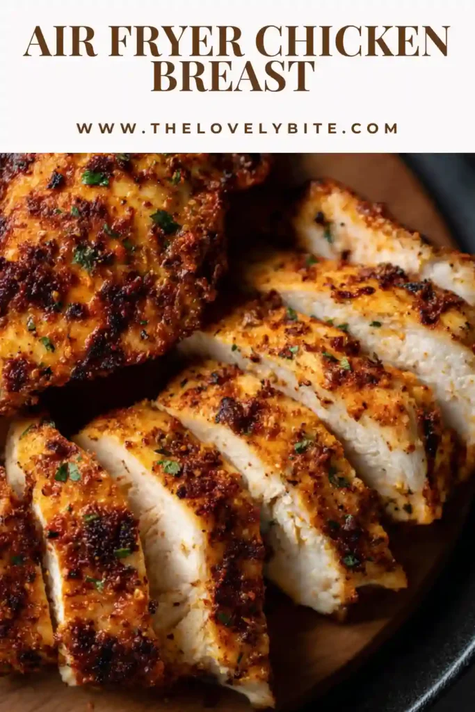 Sliced Air Fryer Chicken Breast with visible juices and seasoning, perfect for meal prep and healthy eating.