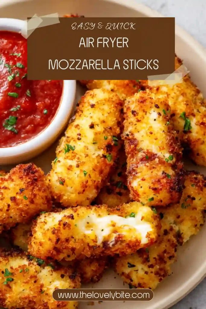 Golden Air Fryer Mozzarella Sticks served with marinara sauce on a white plate. The crispy breadcrumb coating and melted cheese center make this easy appetizer irresistible.