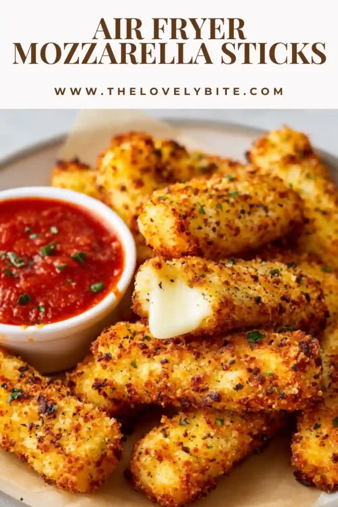 Close-up of crispy Air Fryer Mozzarella Sticks with stretchy melted mozzarella cheese. This homemade air fryer snack is crunchy, cheesy, and perfect for dipping.
