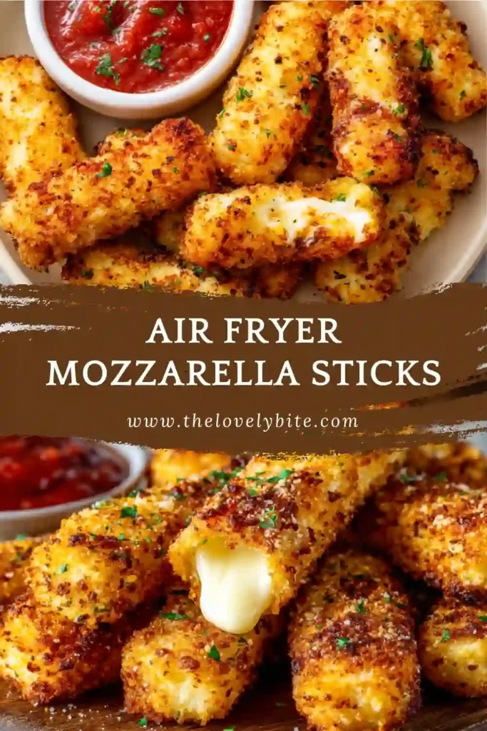 Freshly cooked Air Fryer Mozzarella Sticks arranged beside marinara dipping sauce. The panko crust is golden brown and perfectly crispy.
