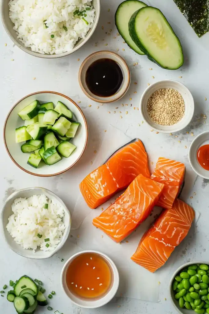 Top view of a colorful salmon rice bowl made using air fryer salmon, topped with edamame and sesame seeds.