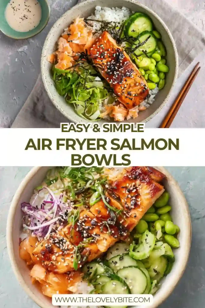 Freshly prepared Air Fryer Salmon Bowls with sliced avocado, cucumber, and nori garnish on white rice.