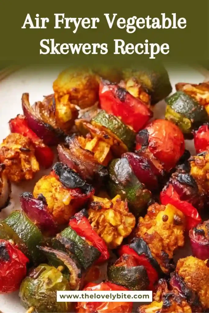 Air Fryer Vegetable Skewers arranged with colorful vegetables like zucchini, peppers, and cherry tomatoes. The vegetables appear roasted and slightly crispy with vibrant colors.