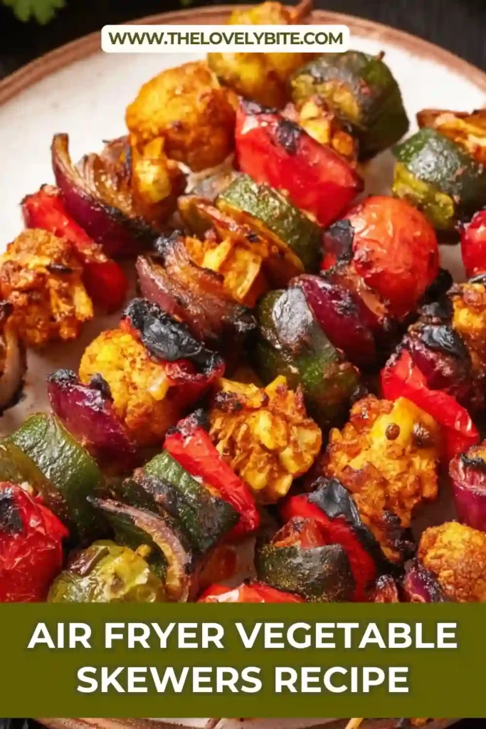 Close-up of Air Fryer Vegetable Skewers showing golden edges and perfectly cooked vegetables. The texture looks tender with a slight char.