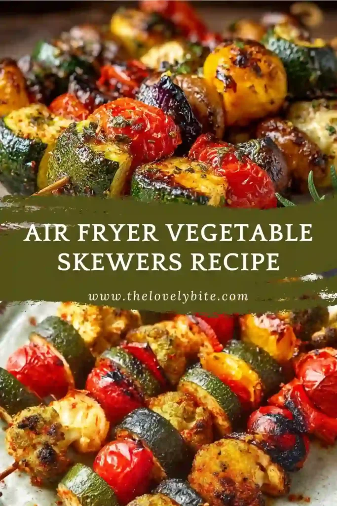 Freshly cooked Air Fryer Vegetable Skewers served on a plate with mixed vegetables. The skewers highlight a healthy and balanced dish.