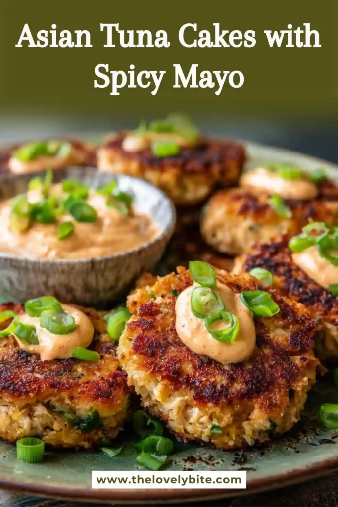 A plate of crispy Asian Tuna Cakes served with creamy spicy mayo and fresh green onions. The golden-brown tuna patties have a crunchy coating and tender flaky center.