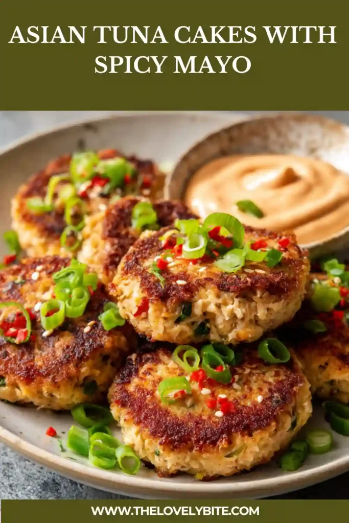 Close-up of Asian Tuna Cakes with spicy mayo dipping sauce on the side. These crispy canned tuna patties are pan-fried until golden and garnished with sliced green onions.
