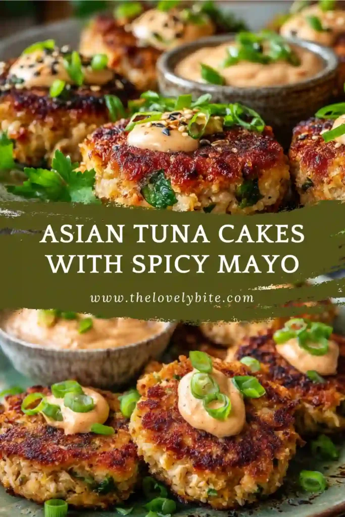Homemade Asian Tuna Cakes stacked on a serving plate with spicy mayo drizzle. The tuna cakes are crispy, flavorful, and perfect for a quick seafood dinner.