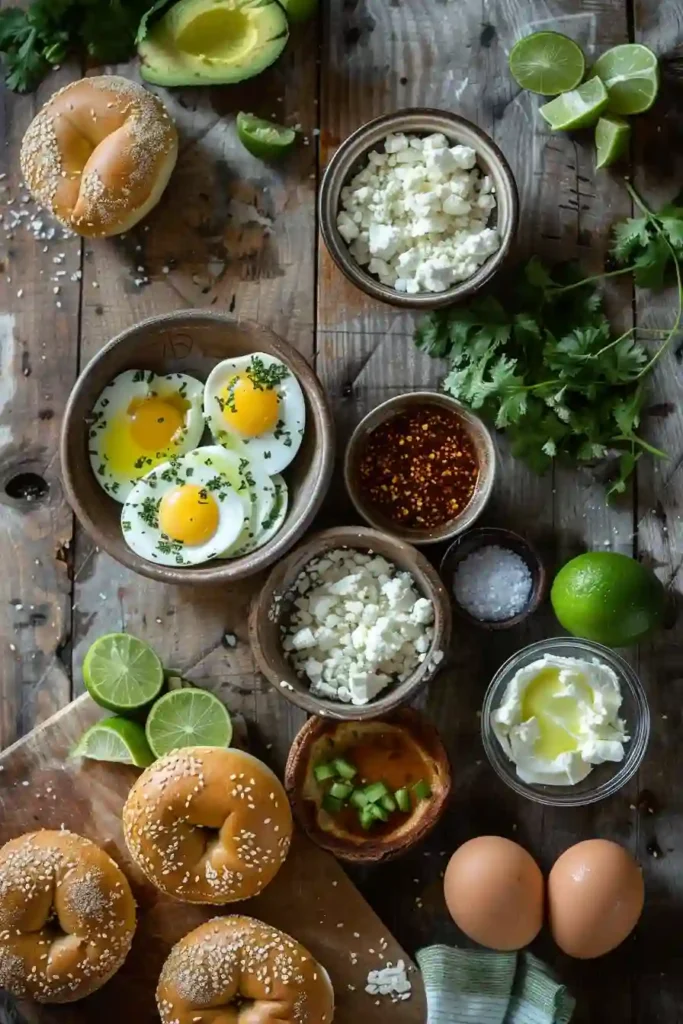 Golden toasted bagels filled with mashed avocado and eggs cooked directly into the bagel centers. Finished with feta cheese and herbs for a vibrant breakfast idea.