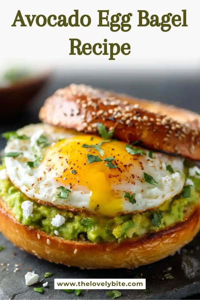 Close-up of an avocado egg bagel recipe served with feta cheese and chopped coriander on a toasted bagel. The creamy avocado and runny egg create a rich and delicious breakfast.