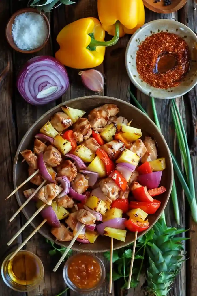 A platter of BBQ Chicken Pineapple Skewers loaded with juicy grilled chicken, caramelized pineapple chunks, bell peppers, and red onion fresh off the grill. The colorful skewers are smoky, vibrant, and perfect for summer cookouts.