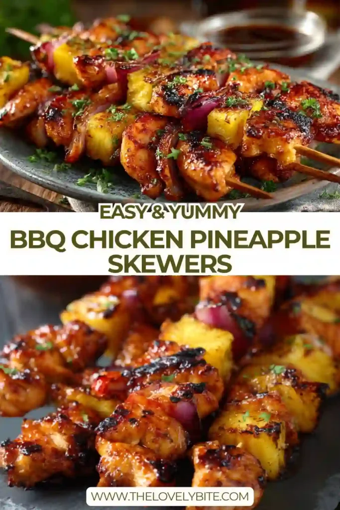 Grilled BBQ Chicken Pineapple Skewers served on a wooden platter with charred pineapple, tender chicken pieces, and bright bell peppers. This easy grilled chicken skewers recipe is ideal for backyard BBQ meals.
