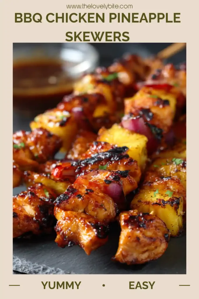 Close-up of BBQ Chicken Pineapple Skewers with smoky grilled chicken, sweet pineapple, and fresh vegetables. The skewers are lightly charred and packed with sweet and savory flavor.