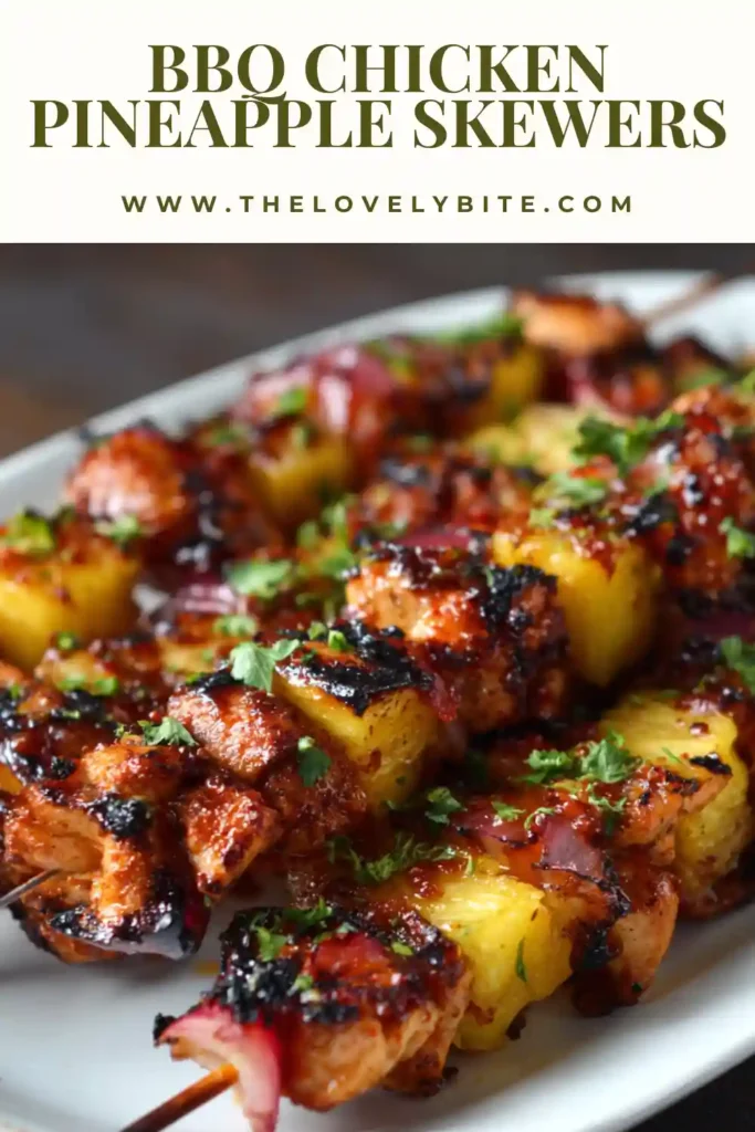 Freshly grilled BBQ Chicken Pineapple Skewers featuring juicy chicken thighs, pineapple chunks, red onion, and colorful peppers. A flavorful summer grilling recipe perfect for family dinners.