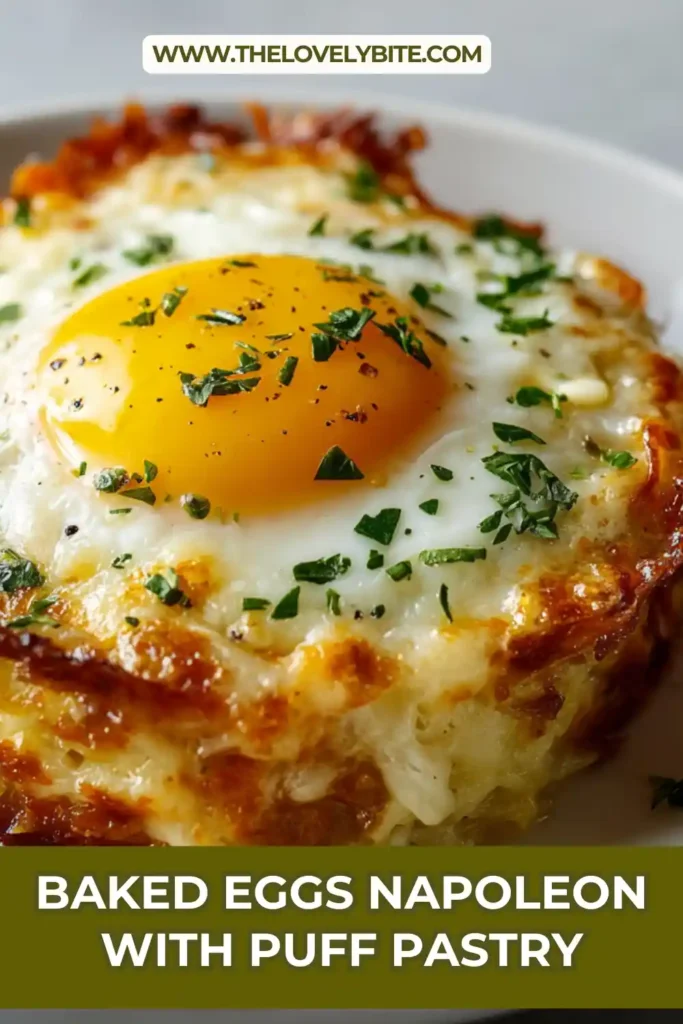 Golden Baked Eggs Napoleon served on flaky puff pastry with creamy Mornay sauce, spinach, turkey ham, and melted mozzarella cheese. This elegant brunch recipe looks rich, warm, and comforting.