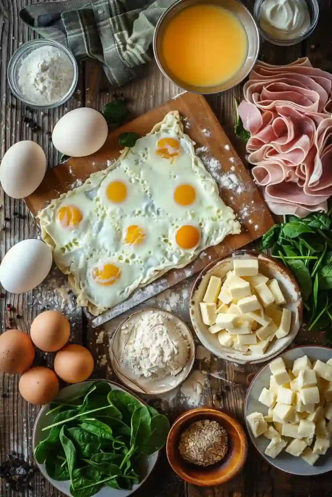 Flaky puff pastry breakfast topped with baked eggs, spinach, turkey ham, and Parmesan cream sauce. Baked Eggs Napoleon is a savory brunch favorite.