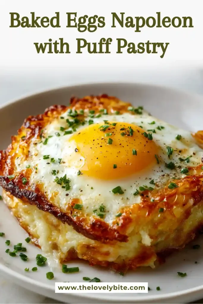 Close-up of Baked Eggs Napoleon with crispy puff pastry layers, runny egg yolks, melted cheese, and fresh parsley garnish. This brunch recipe is creamy and satisfying.