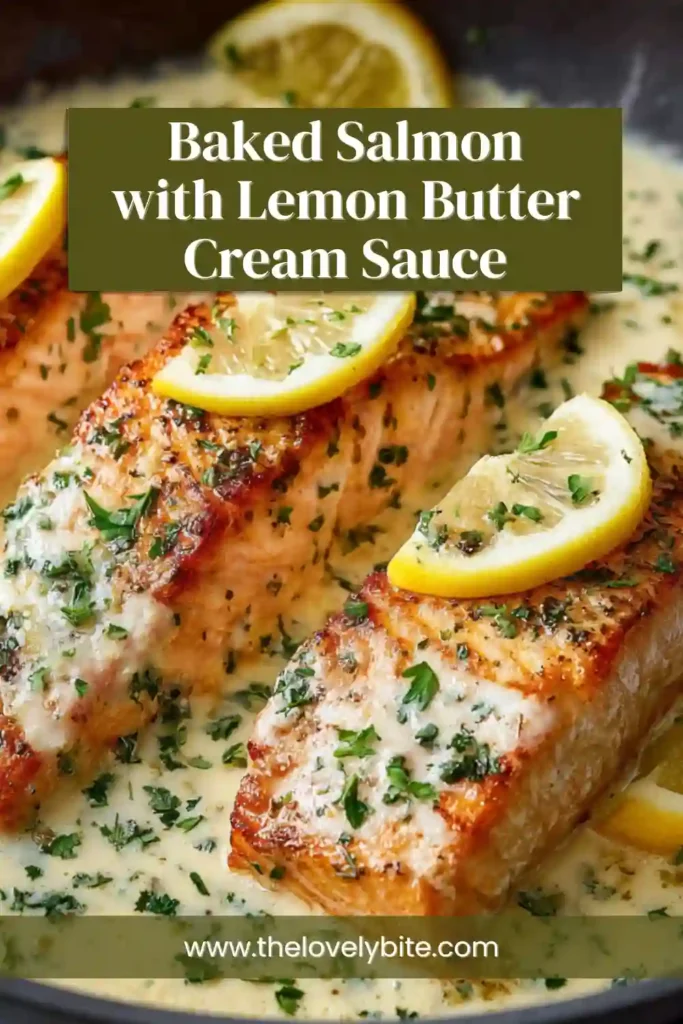Baked Salmon with Lemon Butter Cream Sauce served in a skillet with fresh parsley and lemon slices. The salmon fillets are tender and coated in a rich creamy garlic sauce.