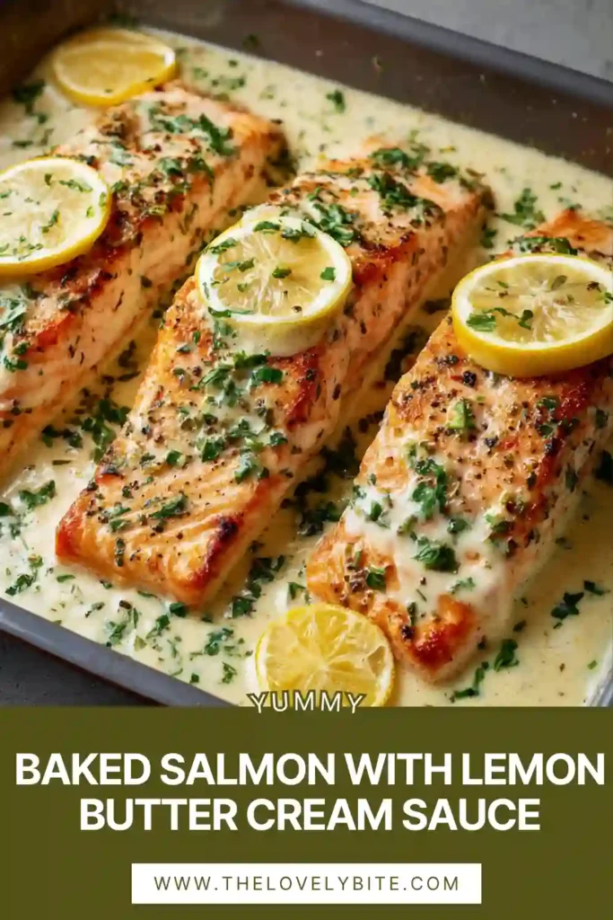 Creamy oven baked salmon fillets topped with lemon butter cream sauce and garnished with chopped parsley. This easy salmon dinner looks rich, flavorful, and comforting.