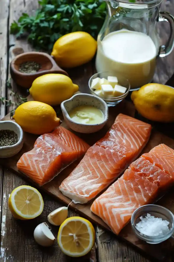 Easy baked salmon recipe with lemon butter cream sauce in a rustic baking dish. Fresh lemon slices and parsley add bright flavor and color.
