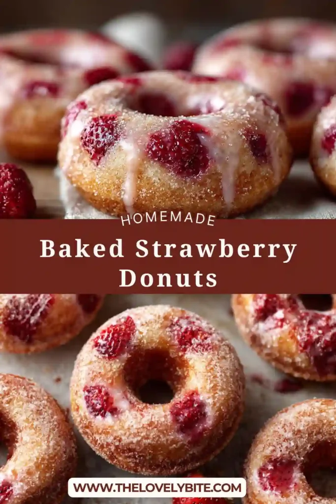 Freshly baked strawberry donuts coated in cinnamon sugar and served on a white plate. These soft homemade baked donuts are filled with juicy strawberry pieces and have a fluffy texture.