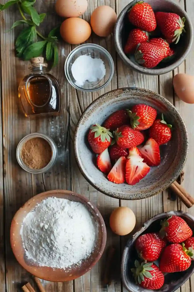 Soft and fluffy strawberry baked donuts arranged for breakfast or dessert. The homemade donuts feature fresh strawberries and a sweet cinnamon topping.
