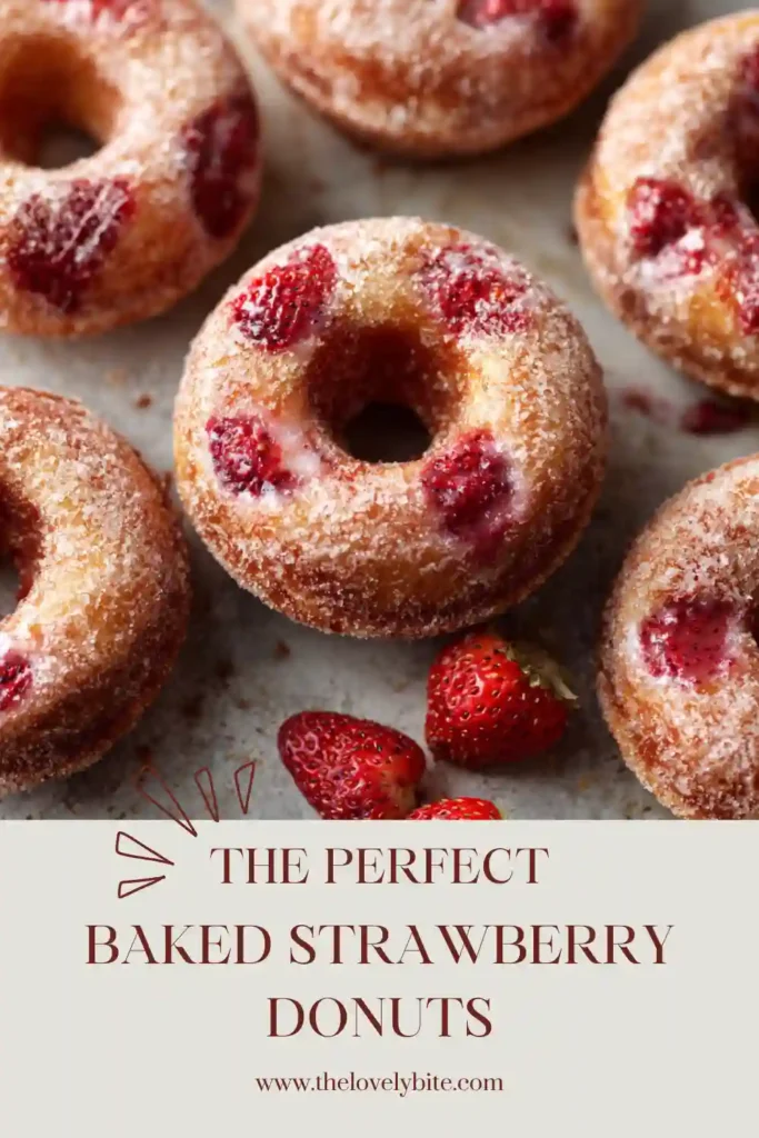 Easy baked strawberry donuts cooling on a wire rack after baking. These fluffy cake donuts are made with fresh strawberries and coated in cinnamon sugar.