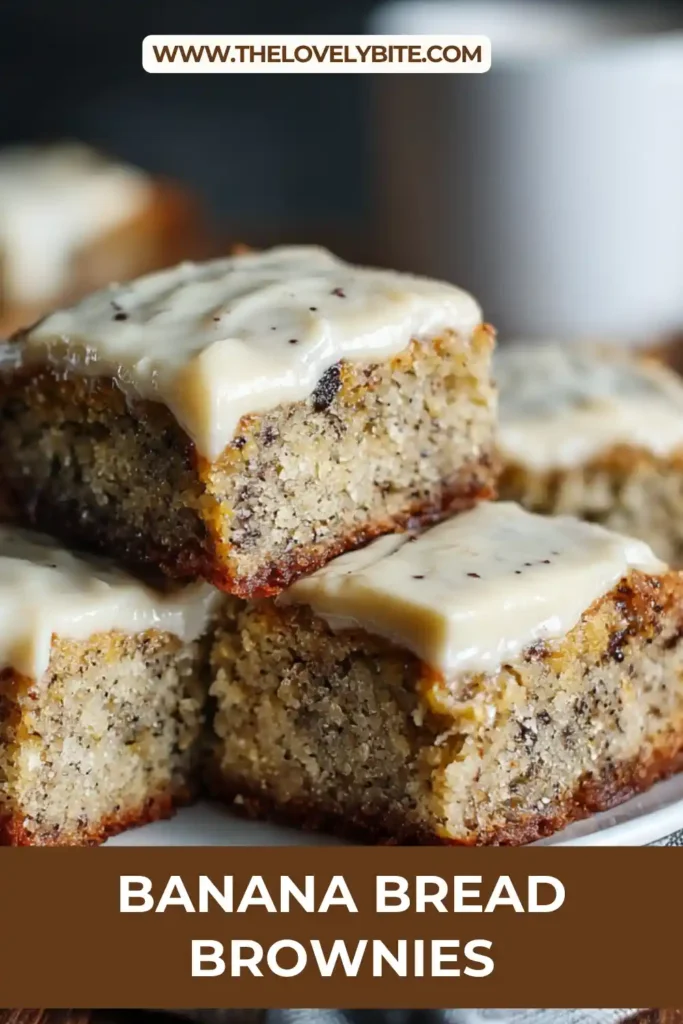 vClose-up of Banana Bread Brownies with creamy brown butter frosting spread over soft banana bars. This easy banana dessert is made with ripe bananas and pantry staples.